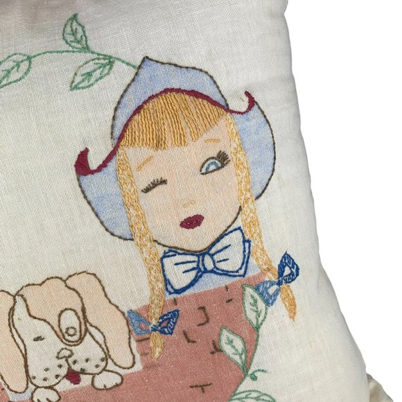 Vtg Hand Embroidered Pillow Children Dog Eating Watermelon Summer Whimsical 14" - Picture 2 of 12